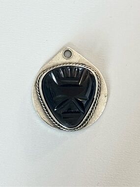 Vintage Carved Obsidian Aztec God Head Necklace Pendant Tlaloc Mexico